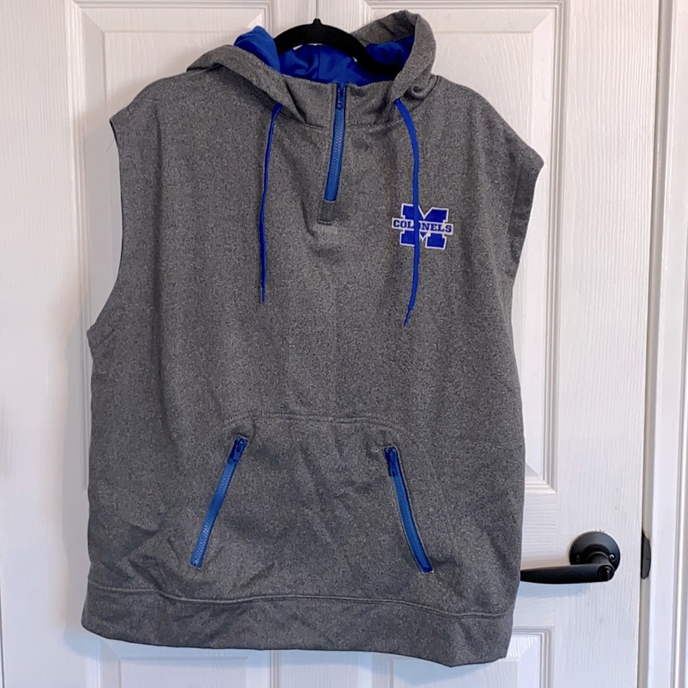 Men’s Vest, Size Large Quarter Zip,  2 Zip pockets Hooded Gray with Blue accents